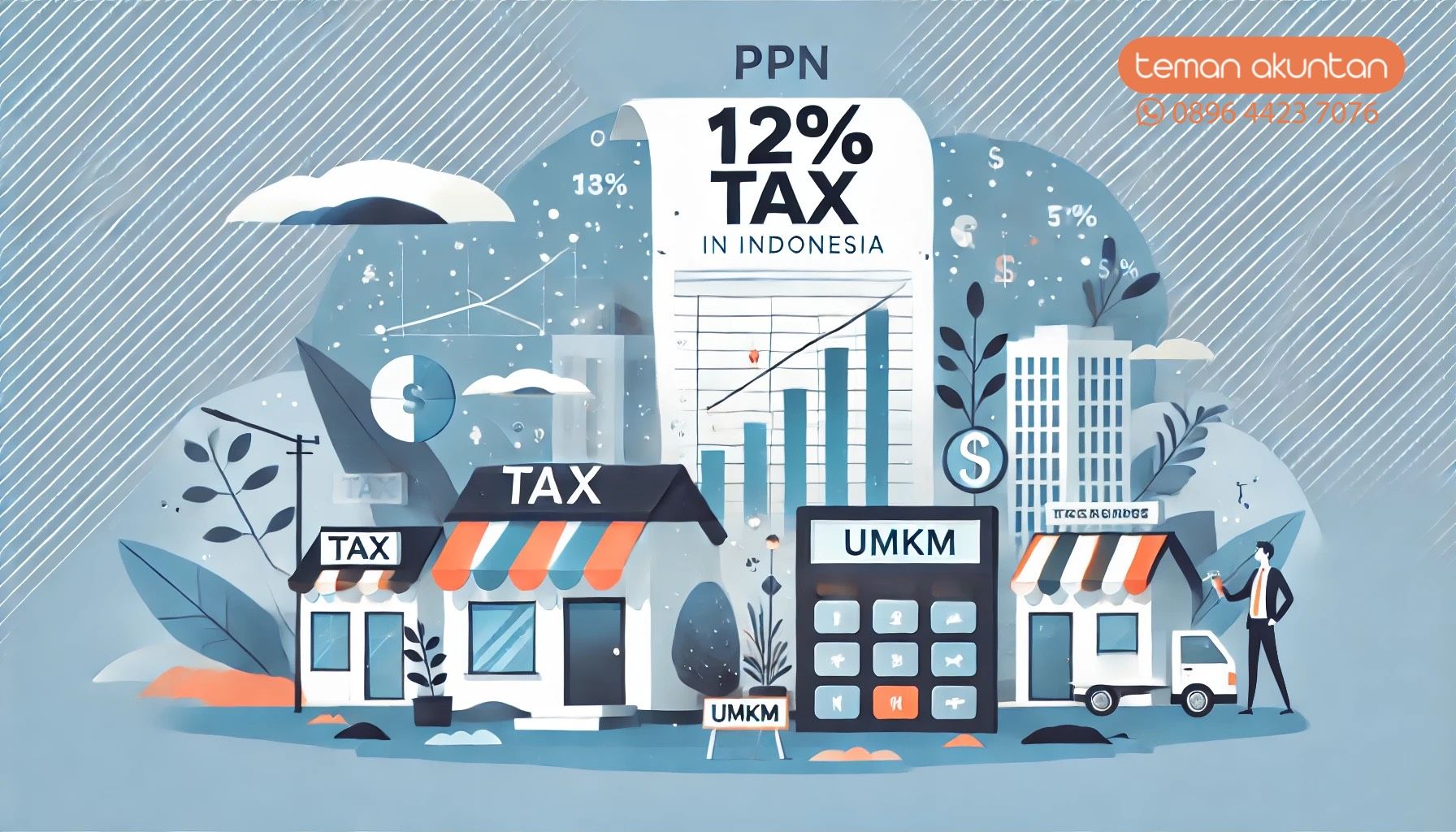 Ilustrasi profesional tentang PPN 12 Persen di Indonesia, menunjukkan grafik kenaikan pajak, bisnis UMKM kecil, dan kalkulator sebagai simbol pengelolaan keuangan.