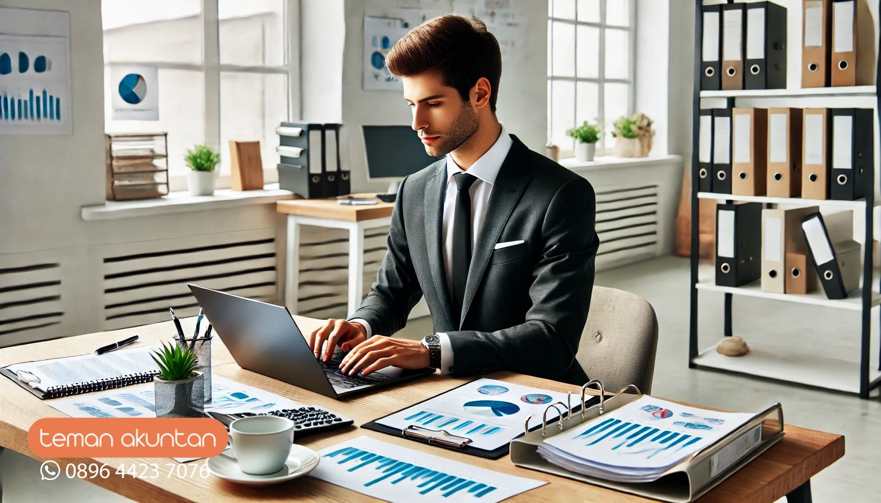 Seorang konsultan pajak profesional sedang meninjau dokumen keuangan di meja kerja modern dengan laptop, grafik, dan dokumen terorganisir.