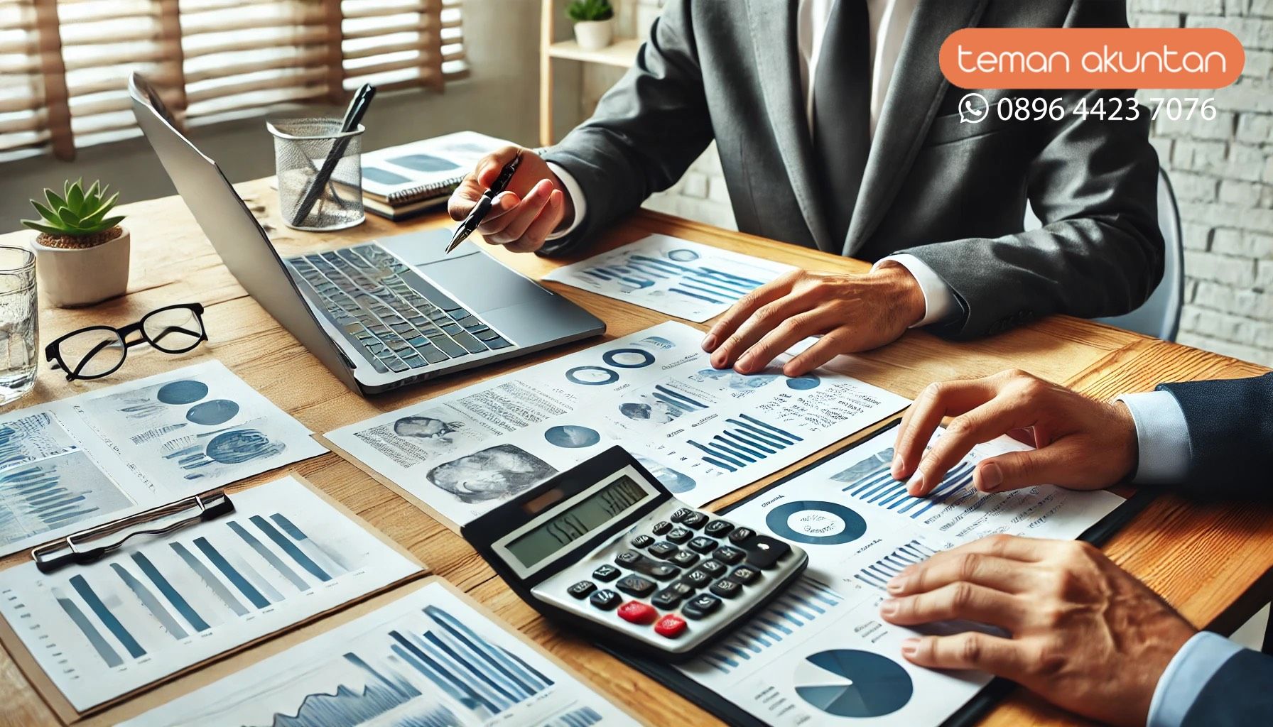 Konsep audit keuangan profesional Pertemuan bisnis dengan auditor yang meninjau laporan keuangan, grafik, dan dokumen dalam suasana kantor modern.